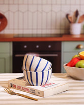 Alamkari India Ceramic Hand-Painted Blue Striped Ceramic Bowl Set